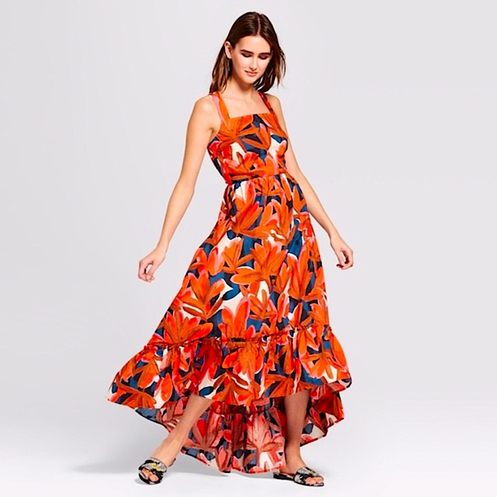 WHO WHAT WEAR floral tropical red high low tiered maxi dress farm Rio